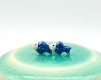 Tiny Porcelain Fish Stud Earrings: Handmade Hypoallergenic Jewelry