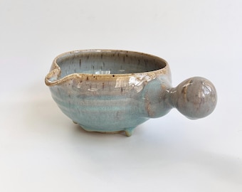 Handmade Speckled Clay Matcha Chawan Bowl with Spout & Handle, Drippy mixing bowl