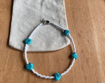 Teal Heart Beaded Anklet