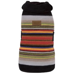 May include: A dog coat with a striped pattern in shades of red, orange, yellow, blue, and gray. The coat has a black collar and a small brown leather tag with the brand name. The coat is designed to fit a dog.