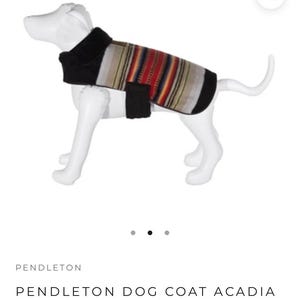 May include: A dog coat with a black collar and accents, and a striped pattern in red, yellow, and beige. The coat is designed to fit a dog and has a small pocket on the side. The text on the image reads "PENDLETON DOG COAT ACADIA NATIONAL PARK."