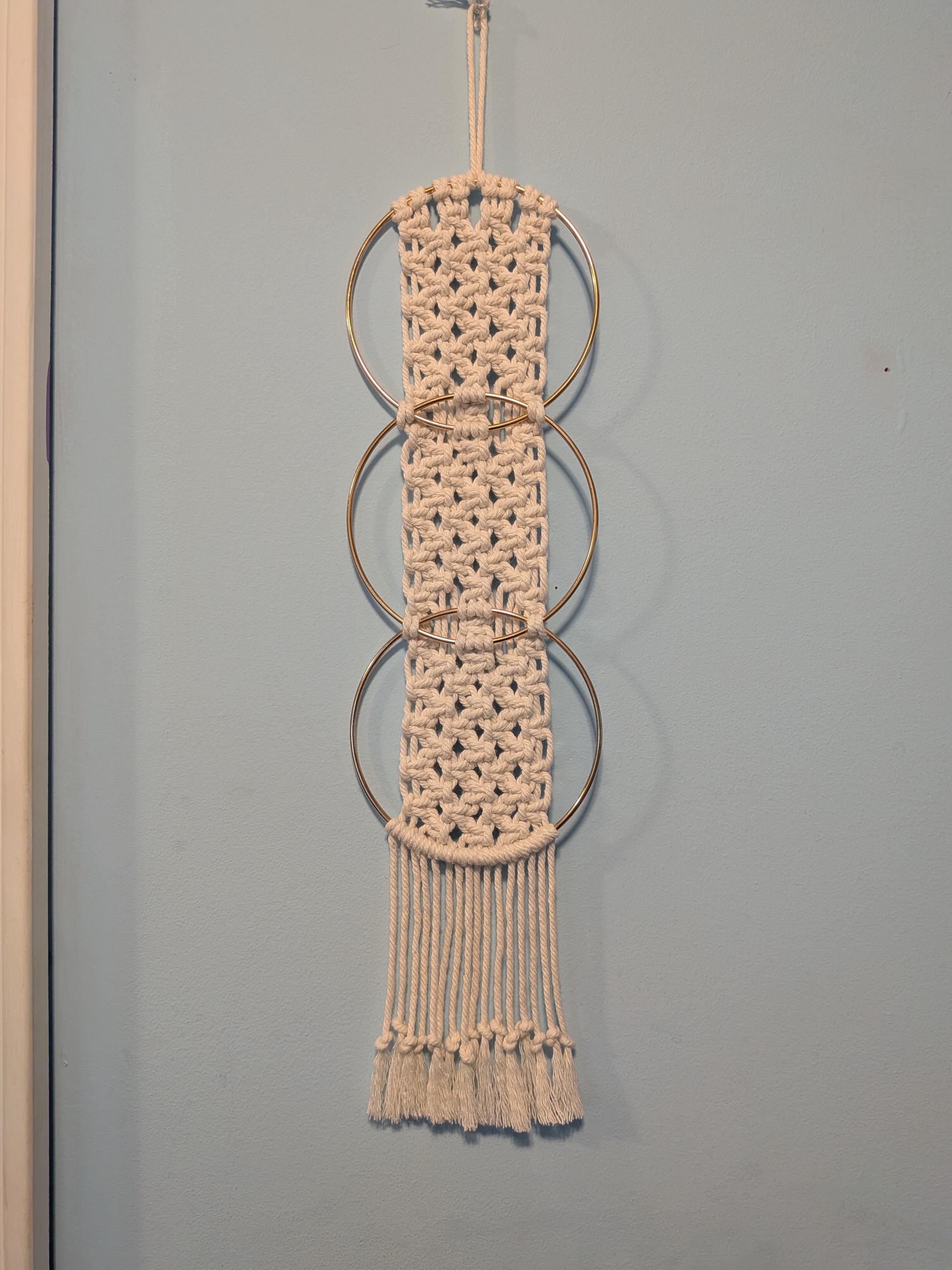4.75"x18" Macrame Wall Art with Gold Metal Rings - "Hand in Hand" - Small 3D Knot Ring Design