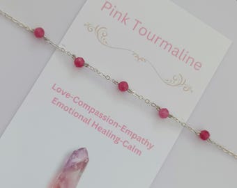 Pink tourmaline bracelet-Sterling Silver October Birthstone bracelet-Birthday gift-Bridesmaid gemstone bracelet-Beaded chain bracelet