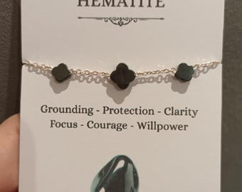 925 Sterling Silver Hematite four leaf Clover bracelet-Floating gemstone bracelet-Grounding-Protection-Willpower-Manifestation bracelet