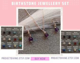 Birthstone Necklace and earrings set-Tiny gemstone pendant necklace and earrings-Birthstone jewellery set- Birthday gift set for her