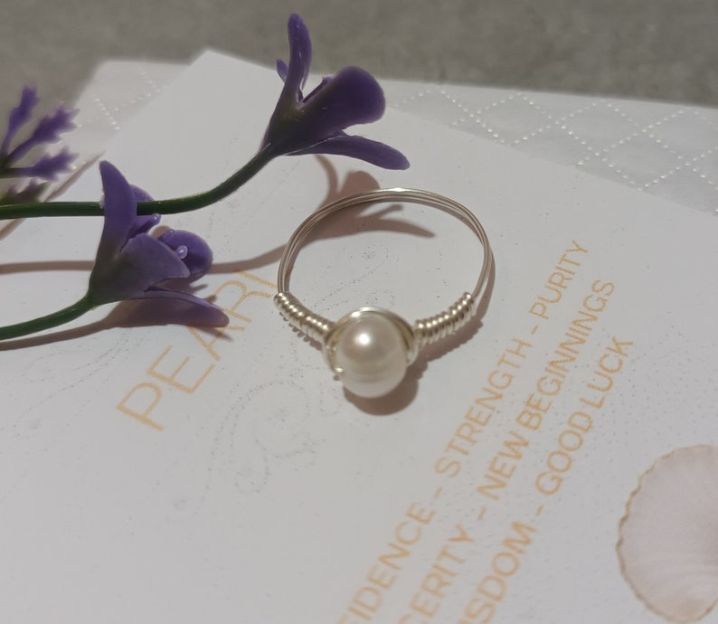 Pearl ring-925 Sterling Silver pearl ring-Pearl jewellery-Handmade wire wrapped pearl ring-Pearl jewellery-June Birthstone ring-Gift for her image 4