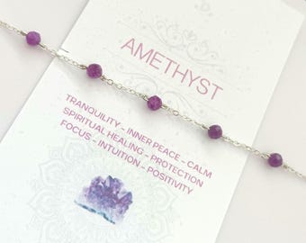 Amethyst bracelet-Sterling Silver February Birthstone bracelet-Birthday gift-Bridesmaid gemstone bracelet-Handmade Beaded chain bracelet