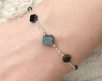 925 Sterling Silver Hematite four leaf Clover bracelet-Floating gemstone bracelet-Grounding-Protection-Willpower-Manifestation bracelet