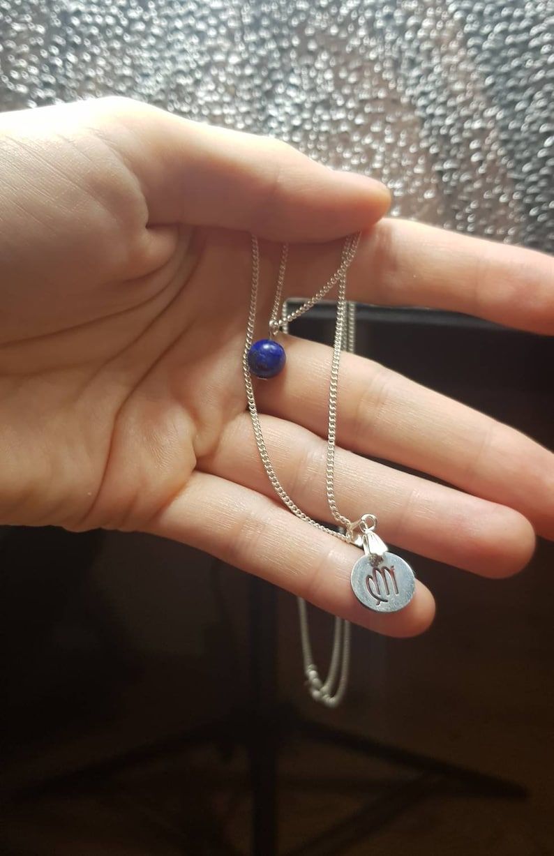 HQ shiny silver plated non Tarnish Necklace Virgo Birthstone two Layered necklace with lapis lazuli and laser Engraved virgo zodiac pendant