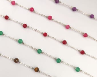 Birthstone bracelet-925 Sterling Silver gemstone bracelet-Dainty beaded chain bracelet-Gift for her-Meaningful gemstone gift