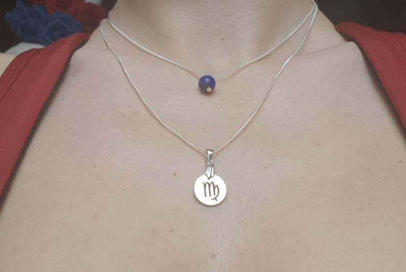 HQ shiny silver plated non Tarnish Necklace Virgo Birthstone two Layered necklace with lapis lazuli and laser Engraved virgo zodiac pendant