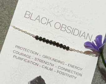 Pulsera de plata de ley hecha a mano con obsidiana negra, joyería minimalista con piedras preciosas, cristal protector.