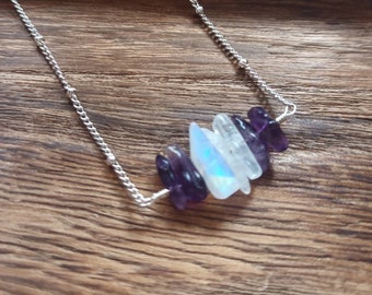 Moonstone and Amethyst necklace-Silver crystal bar necklace-Anxiety jewellery-Balance-Intuition-Femimine energy-Raw crystal bar necklace