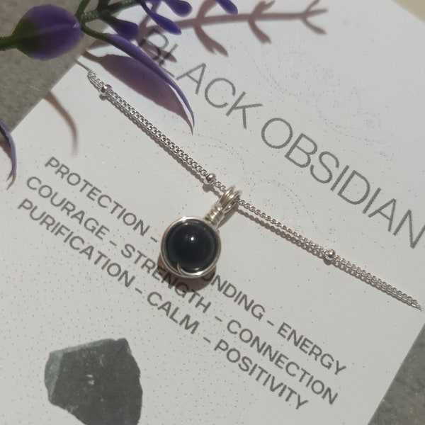 Black Obsidian Necklace-Dainty Black Obsidian Pendant Necklace-Silver Black Obsidian pendant-Black Obsidian Jewellery-Protection Jewellery