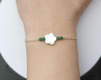 Sterling Silver Emerald Mother of Pearl Flower Bracelet: May Birthstone Gift