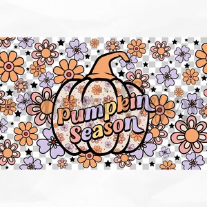May include: A cartoon pumpkin with the text "pumpkin season" in pastel colors on a background of orange, pink, and purple flowers and black stars.