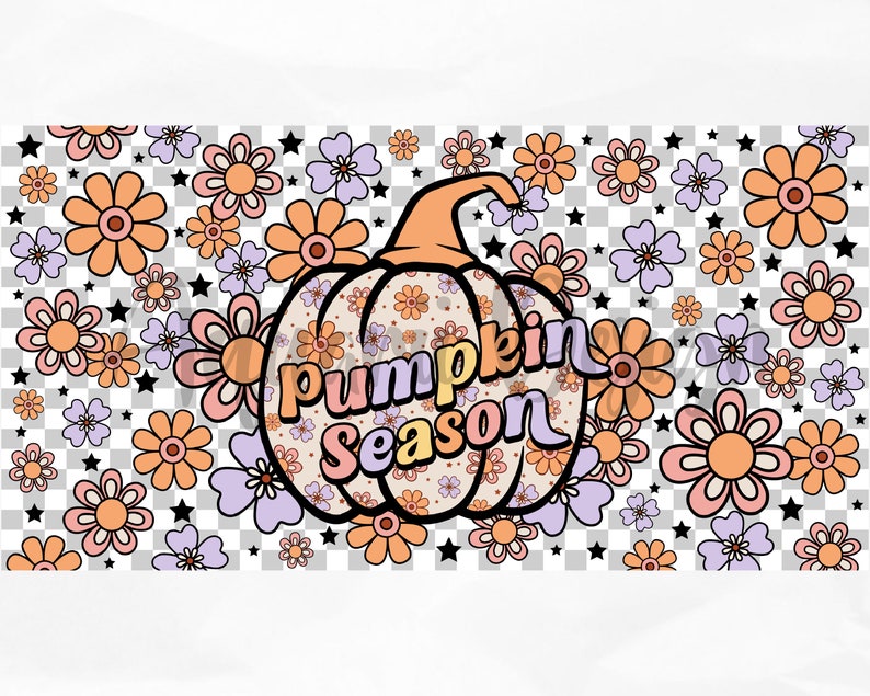 May include: A cartoon pumpkin with the text "pumpkin season" in pastel colors on a background of orange, pink, and purple flowers and black stars.