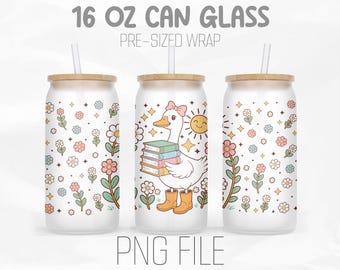 Teacher Goose Libbey 16oz Glass Can Wrap Png, Cute Bookish Png, Back to School Png, Floral Reading PNG, Sublimation Design