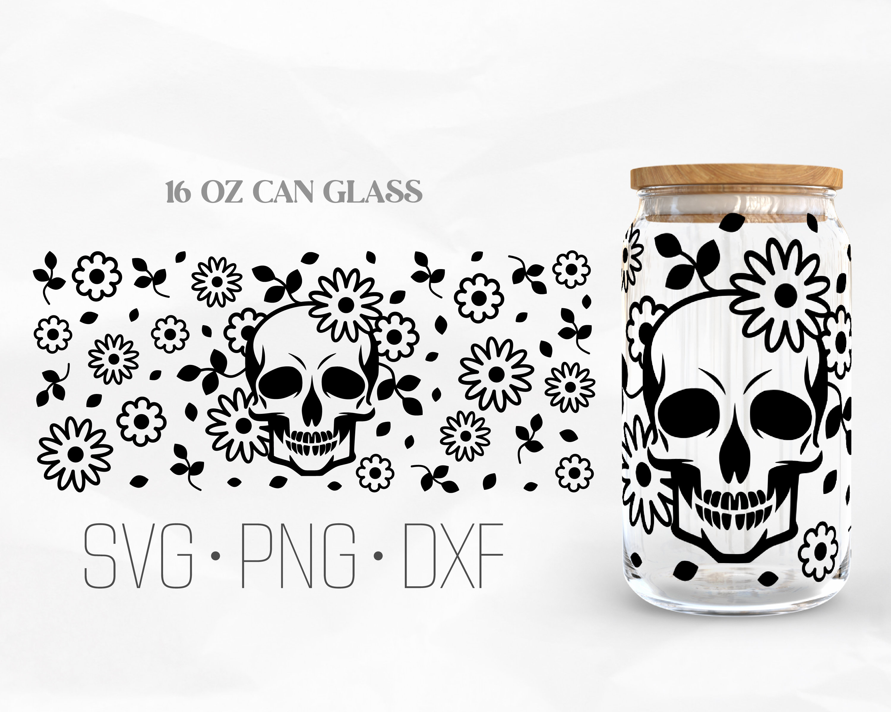 Skull Flower Can Glass Wrap Svg, Floral Skull, Daisy Svg Libbey Glass ...