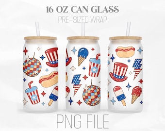 Retro Party In America Can Wrap Png, Disco Ball, 4th of July, Patriotic 16oz Libbey Glass Can Tumbler Sublimation Design Digital Png File