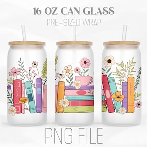 Book With Flowers Can Wrap Png, Floral Book png, Png, Booktrovert png, 16oz Libbey Glass Can Tumbler Sublimation Design Digital Png File
