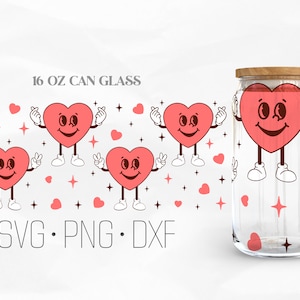 Heart Character Can Glass Wrap Svg, Retro Valentines Svg, FunnyValentine’s Day Libbey Glass, 16oz Can Wrap, Svg, Png, DXF files for Cricut