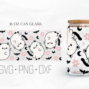 Ghost Cat Can Glass Wrap Svg, Ghost Halloween svg, Ghost kitten Libbey Glass, 16oz Can Wrap, Svg, Png, DXF files for Cricut