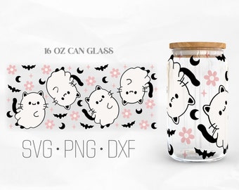 Ghost Cat Can Glass Wrap Svg, Ghost Halloween Svg, Ghost kitten Libbey Glass, 16oz Can Wrap, Svg, PNG, pliki DXF dla Cricut