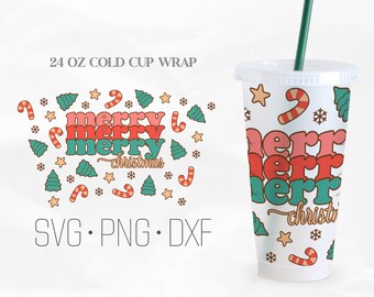 Merry Merry Merry Christmas Full Wrap Svg, Retro Christmas Svg, No Hole Venti Cold Cup 24 Oz, Svg, Png, DXF files for Cricut