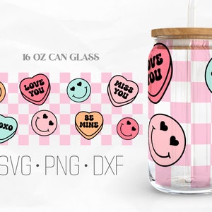 Smiley Candy Heart Can Glass Wrap, Valentines Day Libbey Glass, 16oz Can Wrap, Svg, Png, DXF files for Cricut