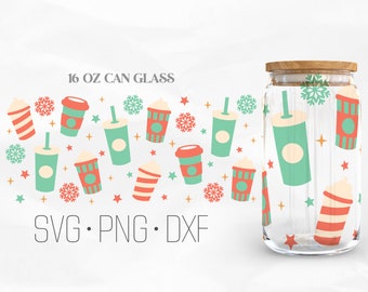Christmas Coffee Can Glass Wrap Svg, Iced Coffee Svg, Christmas hot coffee svg, Libbey Glass, 16oz Can Wrap, Svg, Png, DXF files for Cricut