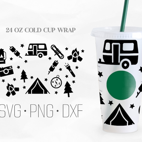 Camping Trip Full Wrap Svg, Camping Cup, Svg, 24oz venti cold cup, SVG, Png, DXF-bestanden voor Cricut