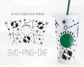 Puede incluir: Un envoltorio para vaso frío blanco de 24 oz con un diseño en blanco y negro que presenta el signo del zodíaco de Piscis, estrellas y el texto "Piscis". El envoltorio está diseñado para adaptarse a un vaso frío estándar.