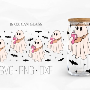 Boo-Jee Can Glass Wrap Svg, Fall SVG, Ghost Halloween Libbey Glass, 16oz Can Wrap, Svg, Png, DXF files for Cricut