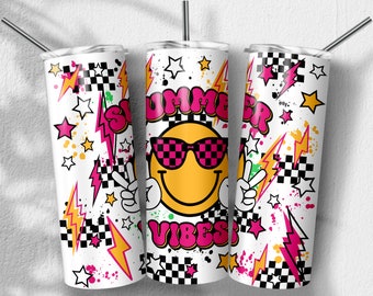 Verano retro Tumbler Png, cara de sonrisa, vibraciones de playa png, diseños de sublimación de rayo, Vaso flaco 20oz, Descarga digital de archivos PNG