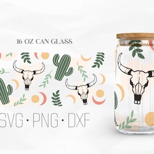 Bull skull Can Glass Wrap Svg, Western Libbey Glass, 16oz Can Wrap, Svg, Png, DXF files for Cricut