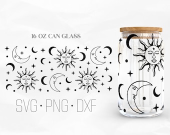 May include: A 16 oz glass can with a repeating pattern of black and white sun and moon faces with stars and dots. The text "16 OZ CAN GLASS" and "SVG - PNG - DXF" are printed on the image.