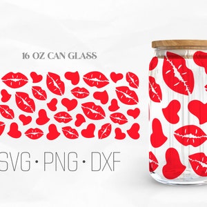 Kisses Can Glass Wrap Svg, Lips Libbey Glass svg, coração svg, arquivos Libbey Wrap Svg, Svg, Png, DXF de 16 onças para Cricut