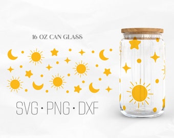 May include: A clear glass jar with a wooden lid, decorated with a repeating pattern of yellow suns, moons, and stars. The jar is labeled "16 OZ CAN GLASS" and "SVG. PNG. DXF".