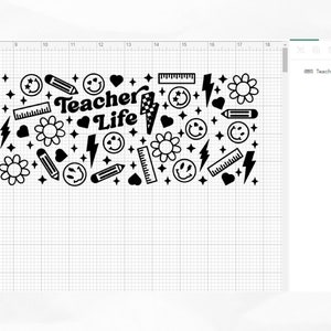 May include: Black and white graphic design with the text "Teacher Life" surrounded by various school-themed icons, including pencils, rulers, hearts, stars, and smiley faces.