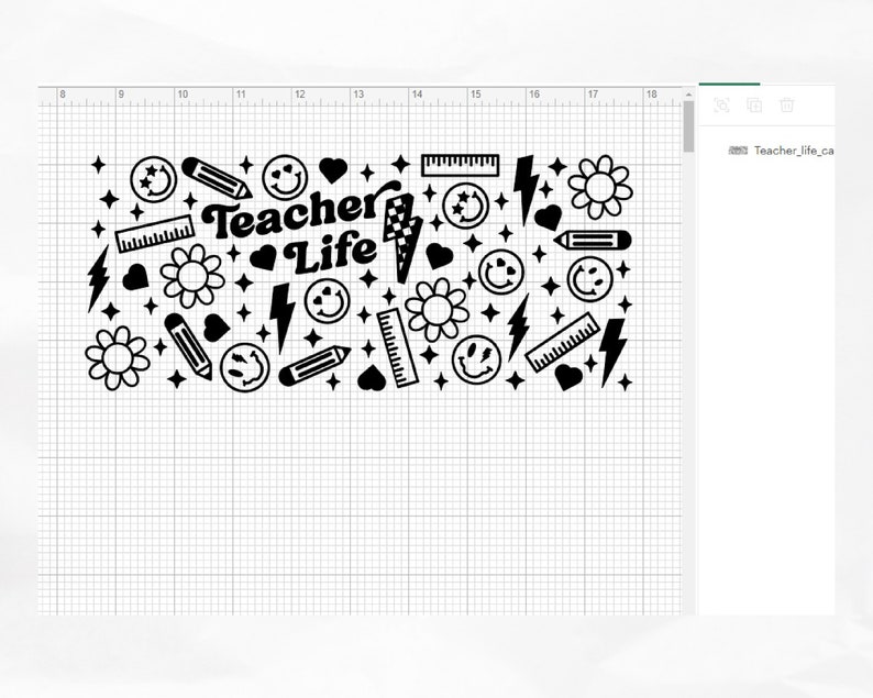 May include: Black and white graphic design with the text "Teacher Life" surrounded by various school-themed icons, including pencils, rulers, hearts, stars, and smiley faces.