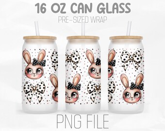 Easter Bunny Coquette Bow Wrap Png, Happy Easter Png, Girly Easter PNG, 16oz Libbey Glass Can Tumbler Sublimation Design Digital Png File