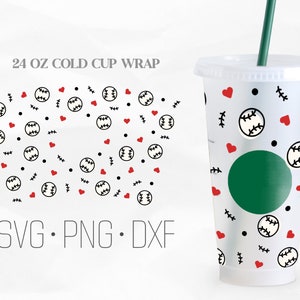 Könnte beinhalten: Ein weißer 24 oz kalter Becherüberzug mit einem Design aus schwarzen Baseballs und roten Herzen. Der Text "SVG. PNG. DXF" befindet sich am unteren Rand des Designs.
