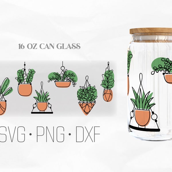 Hanging plants Can Glass Wrap Svg, botanical Libbey Glass, 16oz Can Wrap, Svg, Png, DXF files for Cricut