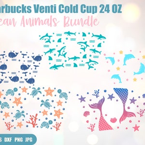 Ocean Animals Full Wrap Bundle, Meerjungfrau, Wal, Delfin, Hai, Meeresschildkröte, Venti Cold Cup 24 Oz, Svg, Png, DXF Dateien für Cricut