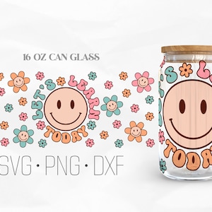 May include: A 16 oz can glass with a design featuring a smiley face, flowers, and the text "Let's Learn Today" in a retro font.