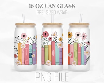 Book With Flowers Can Wrap Png, Book Lover png, Reading Png, Floral Book 16oz Libbey Glass Can Tumbler Sublimation Design Digital Png File