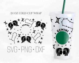 Puede incluir: Una envoltura para vaso frío de 24 onzas con un diseño en blanco y negro del signo zodiacal Géminis con estrellas. El texto "GEMINI" también está incluido en el diseño. La envoltura está diseñada para adaptarse a un vaso frío estándar.