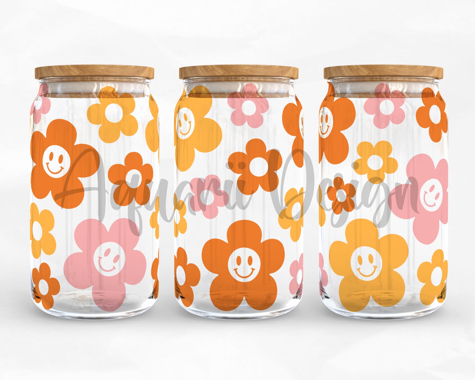 Retro Flower Smiley Glass Wrap, Boho Daisy Libbey Glass, 16oz Can Wrap ...