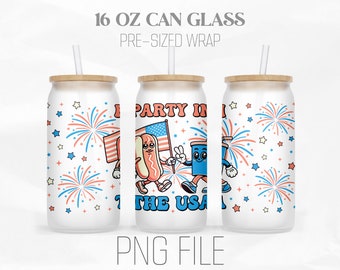Retro Party in the USA Can Wrap Png, 4th of July Png, Independence Day, 16oz Libbey Glass Can Tumbler Sublimation Design Digital Png File